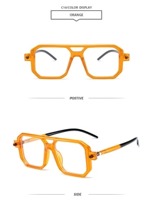 Detail view of orange double-bridge square sunglasses showing front and side angles