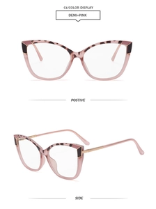 Detail view of pink tortoiseshell cat-eye glasses frame with rose gold metal temples