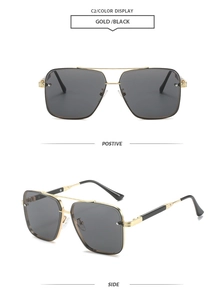 Detail view of gold and black square sunglasses featuring a classic double bridge design