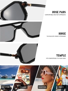 Detail view of double bridge sunglasses with nose pads and hinge design plus lifestyle usage