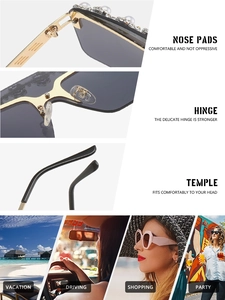 Detailed view of pearl-studded rimless sunglasses with durable metal hinges and nose pads