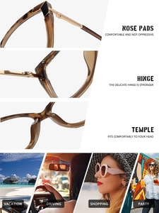 Detail of tortoise shell frame showing metal hinges, nose pads and lifestyle scenes