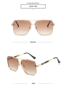 Detail view of gold metal pilot sunglasses with gradient brown lenses and side tortoise tips