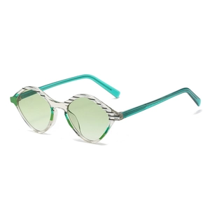 Fashionable geometric rhomboid sunglasses with light green lenses and striped frames