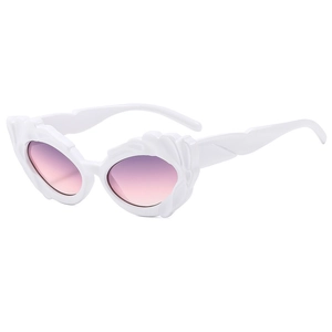 Fashionable white cat-eye sunglasses with textured relief frame and gradient lenses