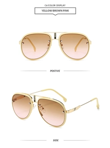 Detail view of yellow frame pilot sunglasses with brown pink gradient lenses C6