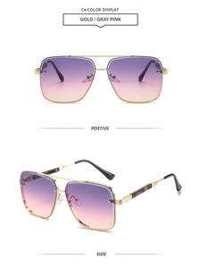 Detail of aviator square sunglasses with gold double bridge and gradient purple lenses