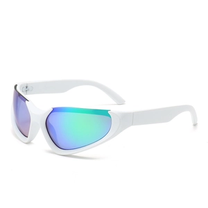 Occhiali da sole sportivi con montatura bianca e lenti a specchio sfumate verde-viola