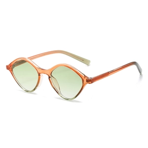Fashionable geometric rhombic sunglasses with orange translucent frames and green lenses