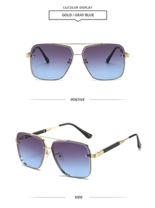 Detail view of gold metal double bridge square sunglasses with gray blue gradient lenses