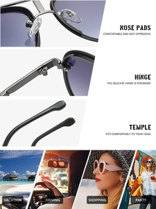 Detail view of silver metal hinges and nose pads on retro pilot sunglasses with purple lenses