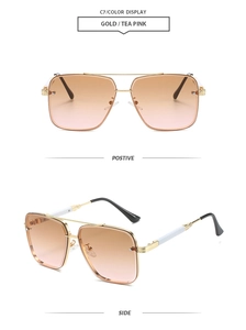 Detailed front and side views of gold square sunglasses with tea pink gradient lenses