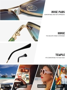 Detail view of double-bridge square sunglasses featuring metal hinges and silicone nose pads