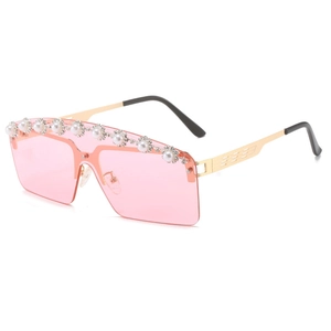 Frameless square sunglasses with pink lenses, pearl flower accents and gold metal frame