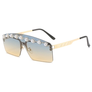 Frameless oversized sunglasses with blue-yellow gradient lenses and pearl rhinestones