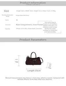 Tableau des tailles avec dimensions 35x12x16cm et bandoulière réglable du sac en PU brun