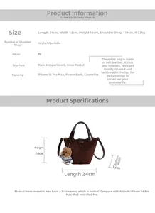 Size chart showing 24x12x16cm dimensions for the brown PU leather bucket crossbody bag