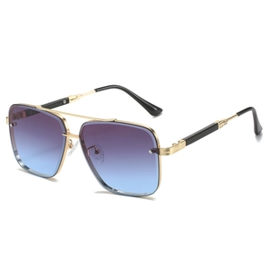 Modern square double bridge sunglasses with purple blue gradient lenses and gold metal frame