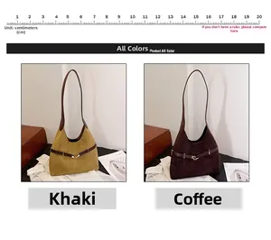 Detail view of khaki and brown suede hobo bags with leather straps and metal buckles