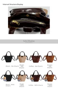 Detail view of interior structure and color selection of matte suede bucket bags