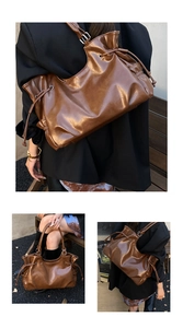 Detail of dark brown glossy leather tote bag with side drawstring and spacious interior