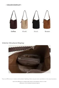 Detail view of suede bucket bag internal structure with zipper pocket and color options