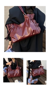 Deep red leather tote bag with pleats and drawstring detail shown in three outdoor angles