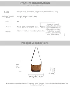 Detailed size chart of the retro brown PU leather shoulder bag with dimensions and capacity