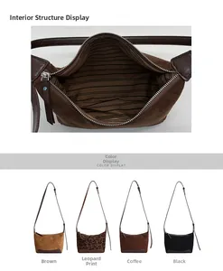 Detail of leopard print baguette bag featuring inner zip pocket and striped lining