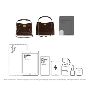 Brown quilted bucket bag showing capacity for 11 inch iPad Pro and daily essentials