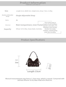 Detailed size chart for the chocolate brown PU leather tote with metal ring accents