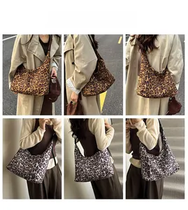 Multiple views of women carrying large leopard print tote bags in outdoor urban settings
