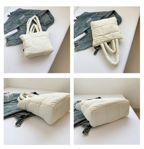 Detailed views of a white quilted tote bag showing square stitching and spacious design