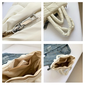 Detail shots of off-white quilted puffer tote showing zip closure and interior pockets