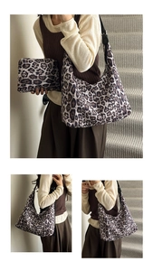 Detailed set of leopard print tote bag and matching pouch in high-quality fabric texture