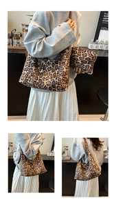 Detail of leopard print tote bag set with matching pouch for daily commute style
