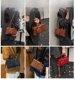 Detailed views of multi-functional crossbody bag with small round coin purse accessory