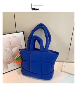 Detail der blauen gesteppten Puffer-Tasche mit Doppelgriffen und farbigem Anhänger