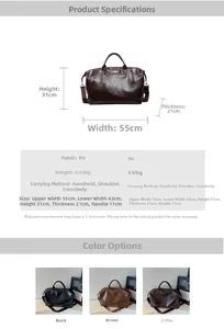 Detailed dimension chart for large PU leather tote travel bag with 55cm width and 31cm height