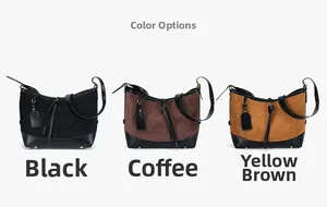 Three suede crescent bags in black, coffee, and brown with adjustable straps and metal feet