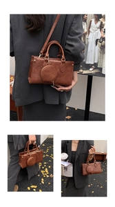 Three-way view of a brown vintage tote bag with a matching round coin purse detail