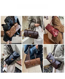 Detail shots showing retro baguette shoulder bags in brown, wine red and black leather