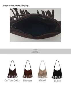 Detailansicht der Fransen-Schultertasche mit Innenfach und vier verschiedenen Farbvarianten