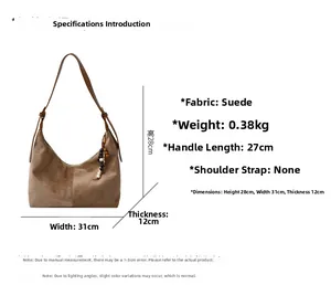 Detailed size chart for the large suede tote bag showing dimensions and materials