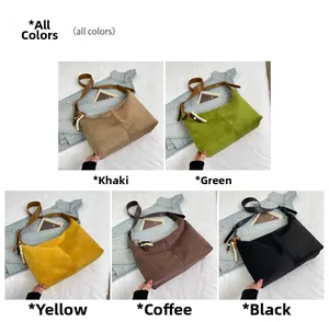 Collection of large suede tote bags in khaki, green, yellow, coffee, and black tones