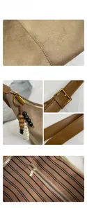 Macro view of vintage brown suede tote details featuring stitching and wooden bead charm