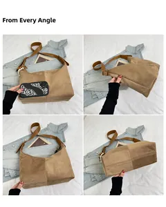 Multiple angles of large brown faux suede tote bag with stylish beaded accessory