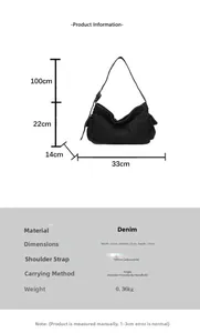 Detailed spec chart of black denim shoulder bag with 33x22x14cm size and strap info