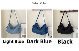 Three-color collage showing side pockets and adjustable straps of denim hobo bags