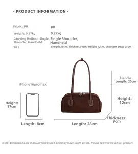 Brown PU leather boston bag dimensions detail showing iPhone 16 Pro Max size comparison